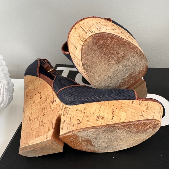 YSL Deauville Blue Canvas Brown Leather Platform Wedge Cork Heels 8 - Picture 3 of 6